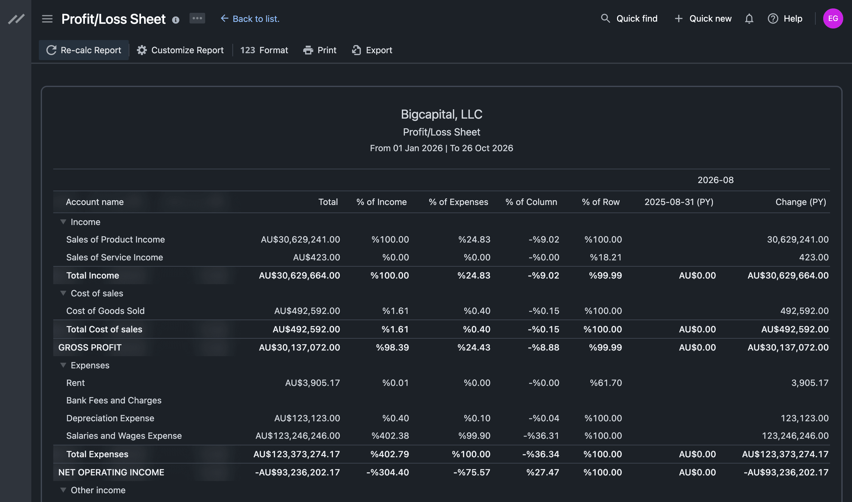 Profit and loss sheet report comparing account balances across two periods.