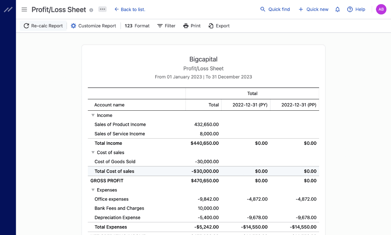 Profit and loss report in Bigcapital