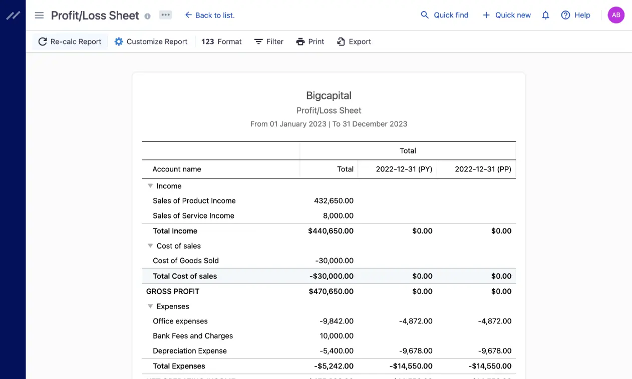 Screenshot of the profit and loss report in Bigcapital.