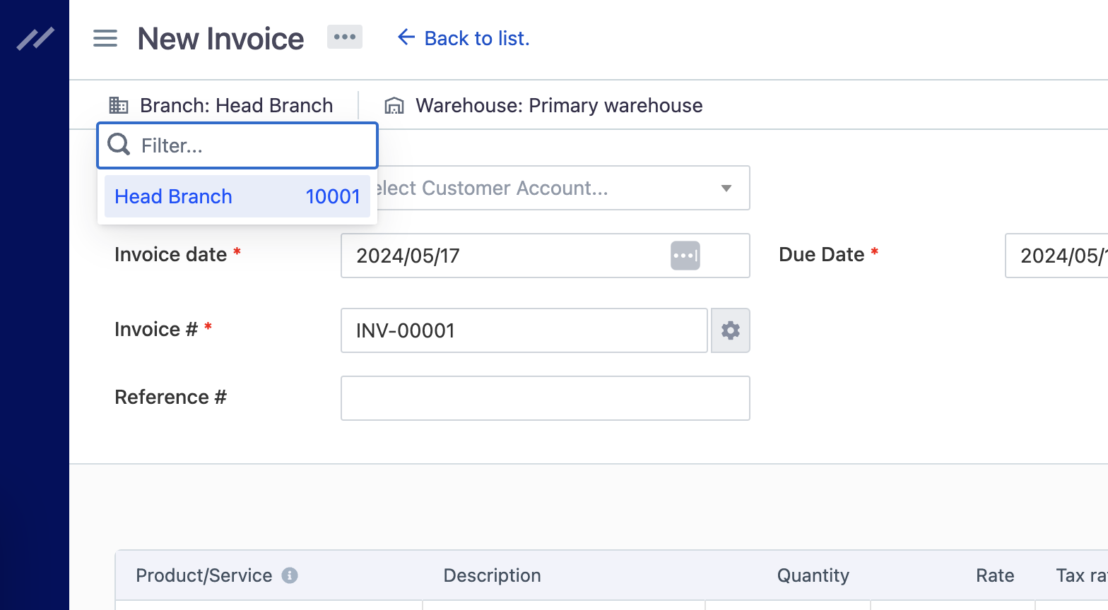 Screenshot of selecting a branch and warehouse in Bigcapital.