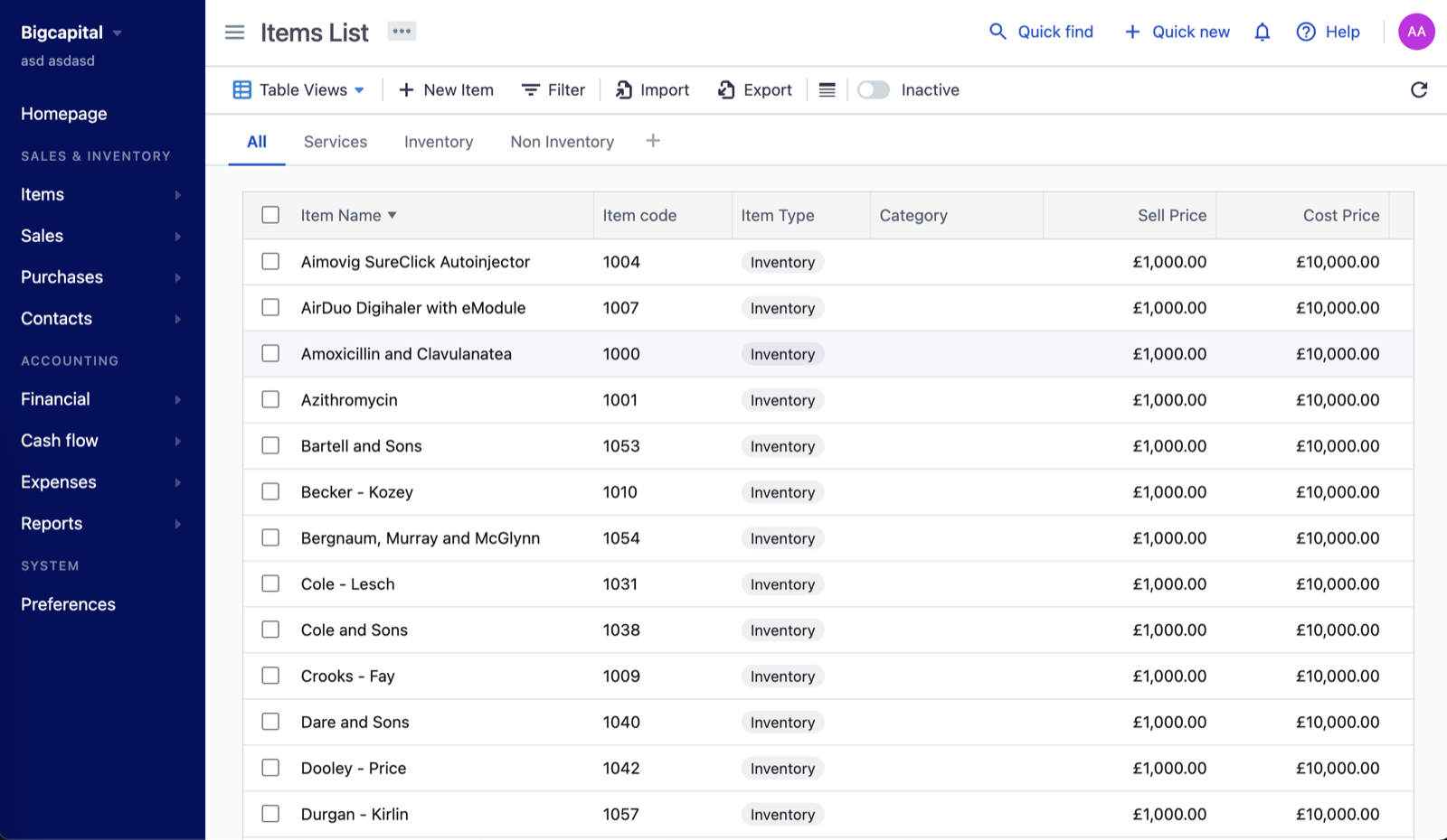 Screenshot of the items list in Bigcapital.