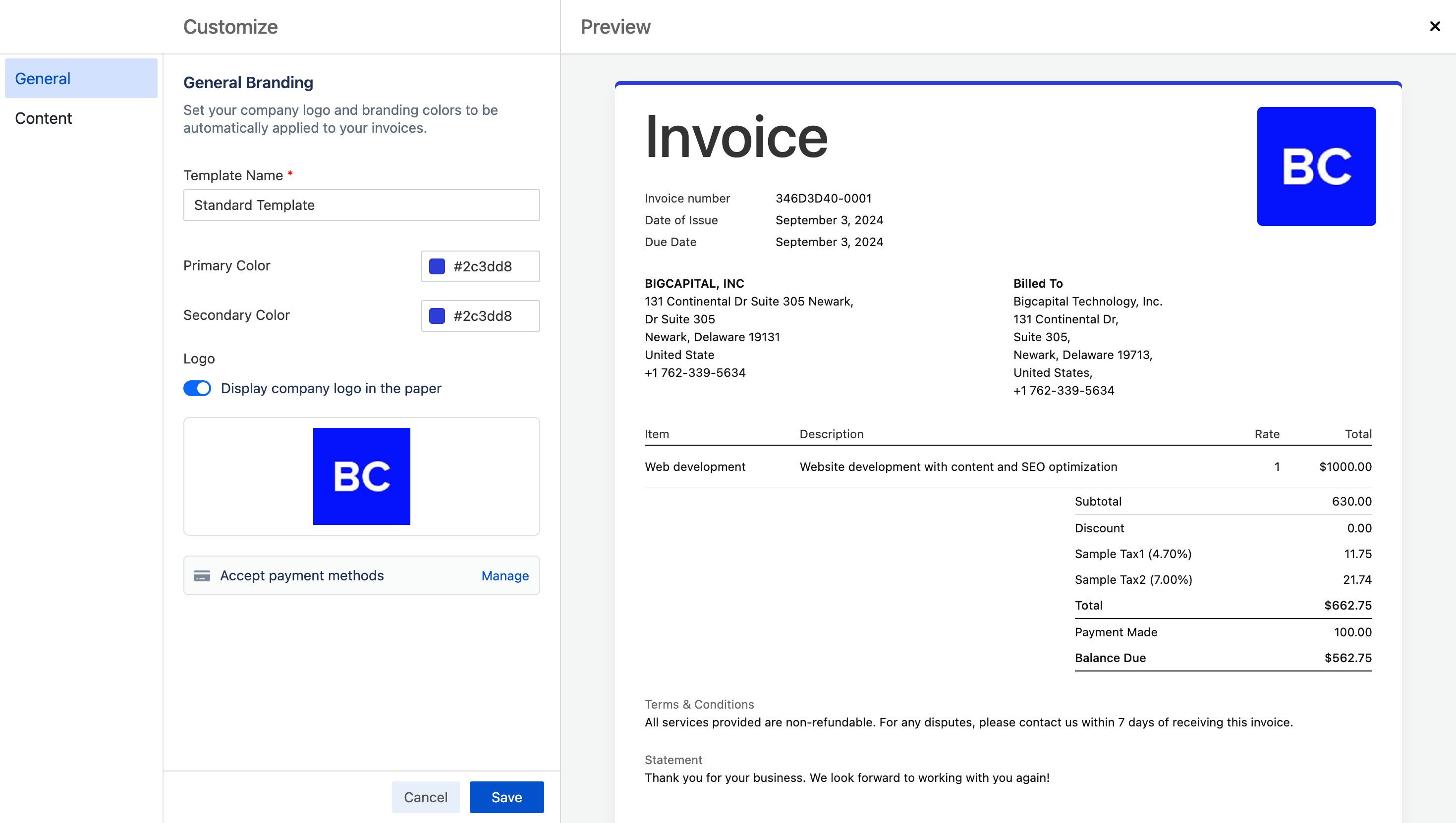 Invoice customization Invoice customization